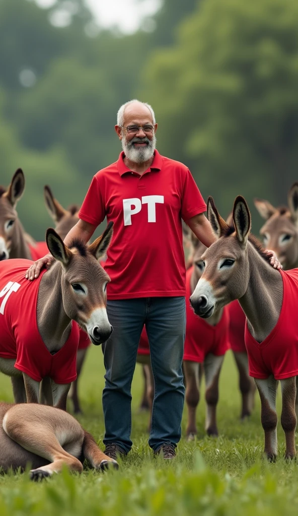 an image with several donkeys wearing red shirts with the initials &#39;PT&#39; printed on the chest, arranged in a varied manner in a field. In the center of the scene, include a bearded man, with characteristics similar to former president Lula, dressed in casual clothes. The man must be interacting with the donkeys in some way., as if talking or caressing them. The background can be a simple scene, like a green field or a rural landscape."