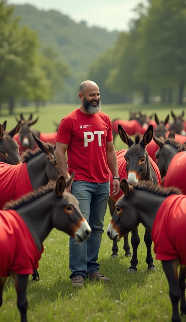 an image with several donkeys wearing red shirts with the initials 'PT' printed on the chest, arranged in a varied manner in a field. In the center of the scene, include a bearded man, with characteristics similar to former president Lula, dressed in casual clothes. The man must be interacting with the donkeys in some way., as if talking or caressing them. The background can be a simple scene, like a green field or a rural landscape."