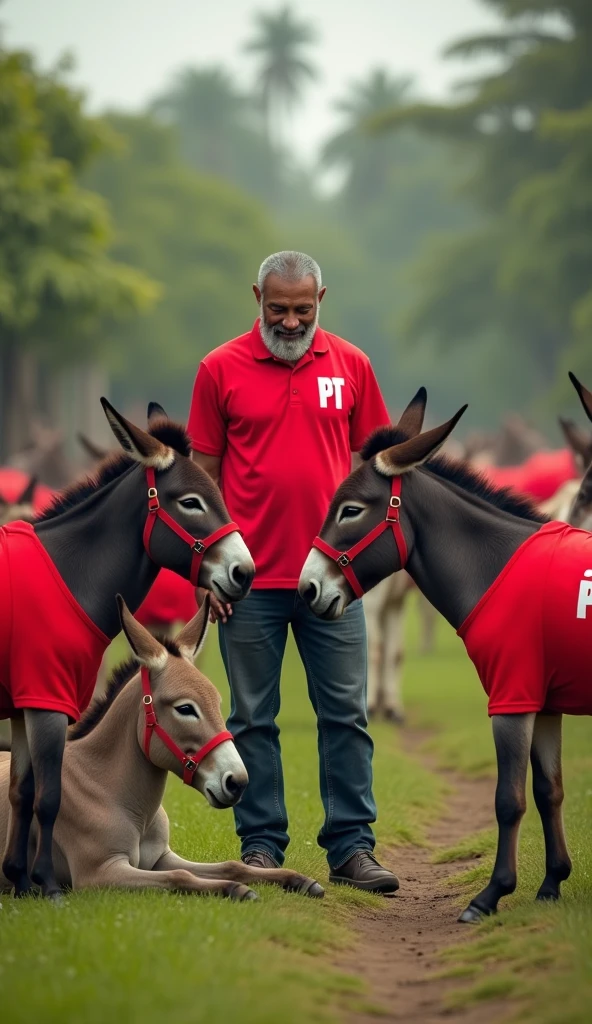an image with several donkeys wearing red shirts with the initials 'PT' printed on the chest, arranged in a varied manner in a field. In the center of the scene, include a bearded man, with characteristics similar to former president Lula, dressed in casual clothes. The man must be interacting with the donkeys in some way., as if talking or caressing them. The background can be a simple scene, like a green field or a rural landscape."