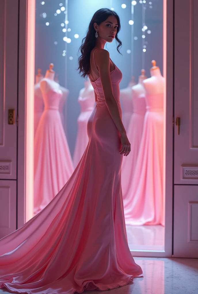 A beautiful, elegant digital princess in a very long, tight-fitting, form-fitting all over, pink pencil-style silk dress, with long silk gloves, smooth, slick, clinging fabric, and soft textures, posing in a digital dress selection zone, (best quality,4k,8k,highres,masterpiece:1.2),ultra-detailed,(realistic,photorealistic,photo-realistic:1.37),intricate details,extremely detailed digital art,hyper realistic, shy pose, facing camera, full body. dramatic lighting, cinematic, sci fi digital hologram dress selection zone, dynamic composition, vibrant colors, digital fashion, digital art, cinematic lighting, scifi holograms, digitized environment.