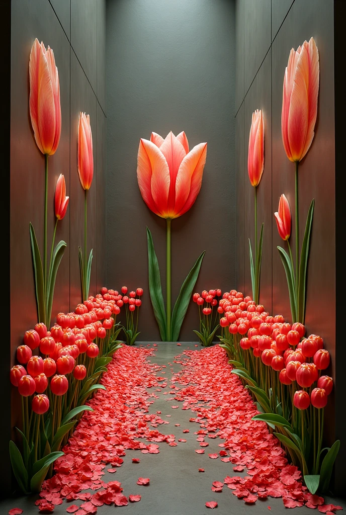 Art installation of tulips between three walls that draws attention, painted tulips on the walls and an altar with a special tulip that is more beautiful and eye-catching