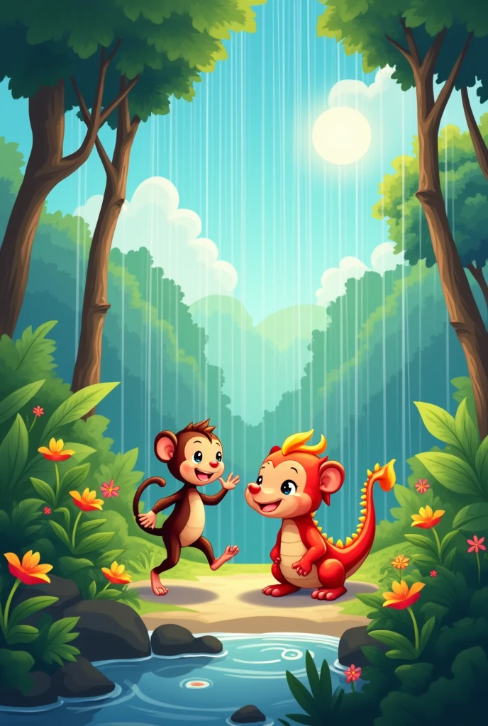 Create a cartoon videos of below story
Panel 1: A Sunny Morning
(Scene: A beautiful, sunny jungle with tall trees and vibrant flowers.)
Narrator: "It was a bright and sunny morning in the jungle."
(We see a playful monkey swinging from tree to tree, while a friendly dragon is basking in the sunlight.)
Panel 2: A Sudden Change
(Scene: The sky starts to darken, and clouds begin to gather.)
Narrator: "Suddenly, the sky began to change."
(Monkey looks up, puzzled, as the first raindrops begin to fall. Dragon spreads its wings, feeling the cool drops.)
Panel 3: The Rain Starts
(Scene: Rain starts pouring down, creating small puddles on the ground.)
Narrator: "And then, the rain came!"
(Monkey starts jumping from one puddle to another, splashing water everywhere. Dragon joins in, playfully twirling in the rain, creating small waves with its wings.)
Panel 4: Dancing in the Rain
(Scene: Monkey and Dragon are now dancing joyfully in the rain.)
Narrator: "Monkey and Dragon danced and played, enjoying the refreshing rain."
(They spin around, laughing, and the rain seems to dance with them. Dragon breathes out a small puff of fire, which turns into steam in the rain, making Monkey giggle.)
Panel 5: A Cozy Shelter
(Scene: The rain continues to pour as Monkey and Dragon take shelter under a big, leafy tree.)
Narrator: "When they were tired, they found shelter under a big tree."
(Dragon wraps its wing around Monkey, keeping them both warm. They watch the rain fall, listening to the soothing sound it makes as it hits the leaves.)
Panel 6: A Beautiful Ending
(Scene: The rain stops, and a beautiful rainbow appears in the sky.)
Narrator: "As the rain stopped, a rainbow appeared, painting the sky with colors."
(Monkey points at the rainbow excitedly, and Dragon looks on with awe. They both smile, knowing they had the best rainy day ever.)
Panel 7: Friends Forever
(Scene: Monkey and Dragon walking away together, under the colorful rainbow.)
Narrator: "Monkey and Dragon knew that n