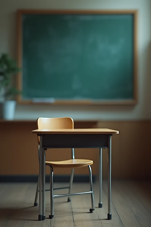 The background is slightly blurred、classroom、blackboard、In front of the desk and chair