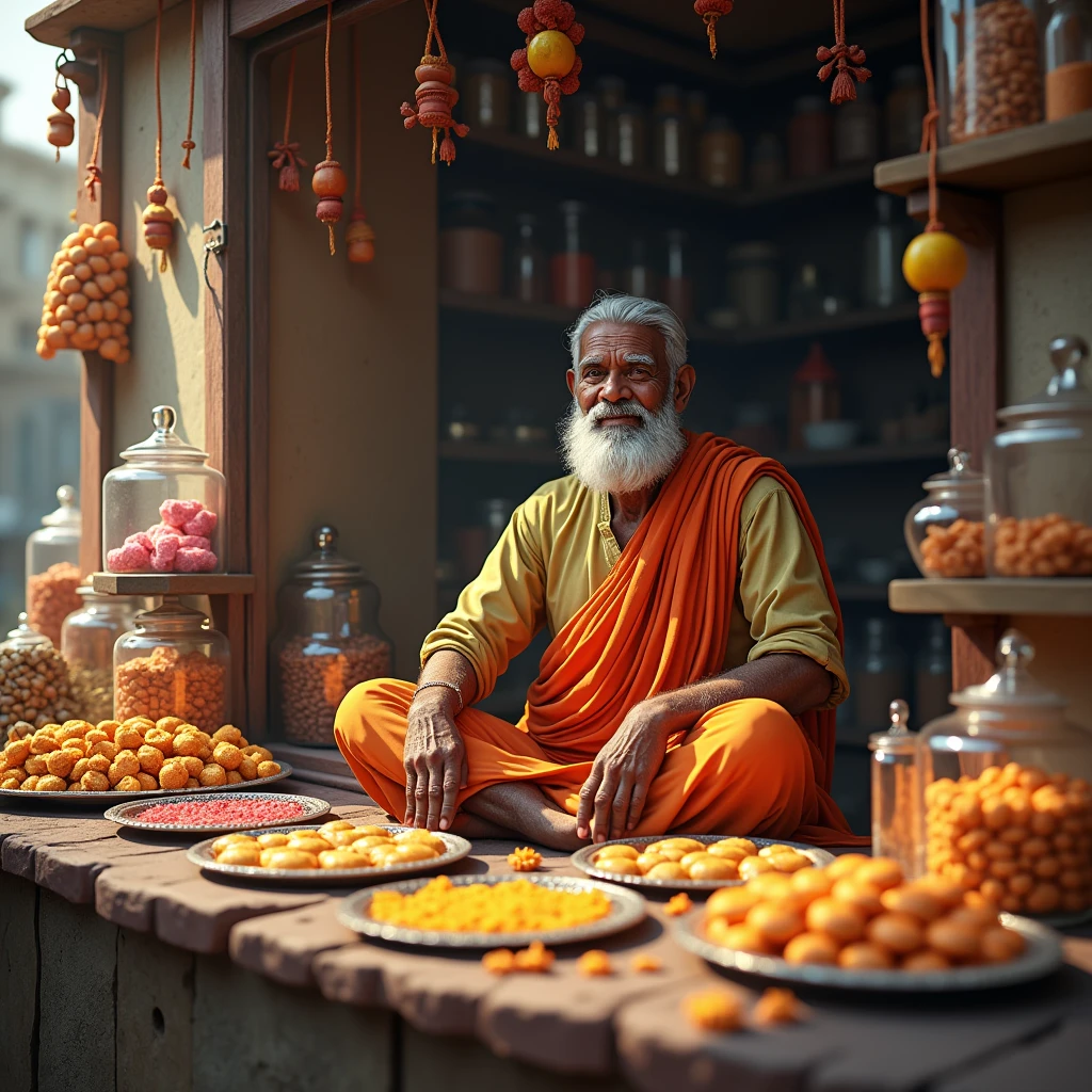 A Indian shopkeeper who is seated inside the shop and he is selling sweets realistic image
