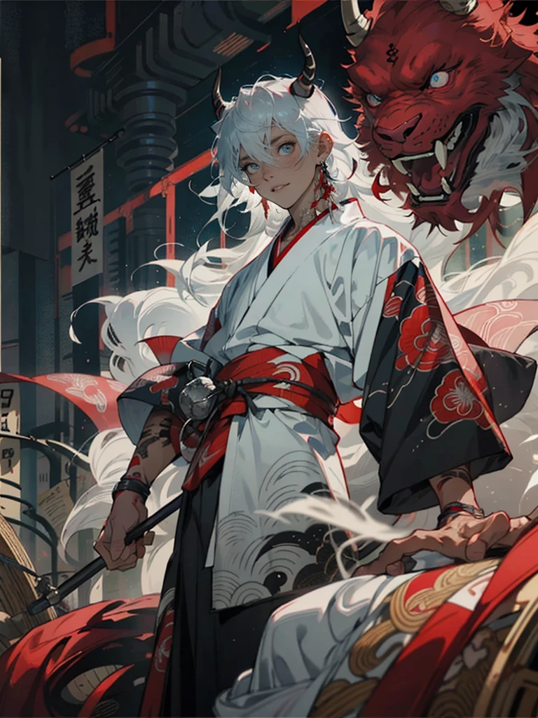 1male, masculine, white hair, ((adult)), long hair, messy hair, blue eyes, red yukata, ((red tattoos)) black underclothing, ((horns)), (old japan background), detailed background, standing on path, expressionless, emotionless, old japan town background, spider lillies, dark atmosphere, dark background, ((detailed eyes)), detailed face, illuminated eyes, dynamic lighting