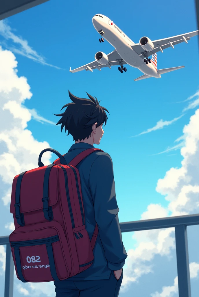 Cyber security engineering student is in airport watching plane flying with his bag
In his full school bag   it's  written Cyber security engineer 
Matched with his dress colour 
Anime character
Good hairstyle 
In plane it's written American airlines 