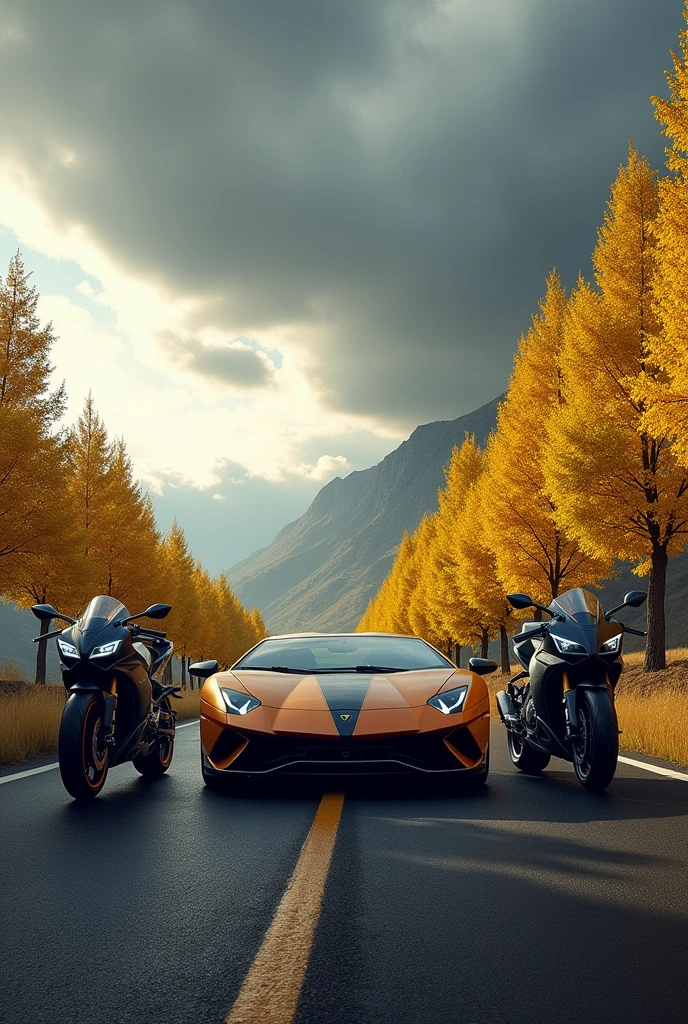 yamaha rx100,ktm and lamborghini car stand on road,skyfall and yellow trees.