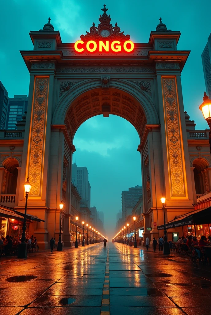 Grande porte d’une ville africaine (Kinshasa), ouverte sur un boulevard avec des lampes éclairage public, couleurs jaune, rouge et bleu, avec lumière bleu sombre, cinematic, écrits « CONGO » sur la porte