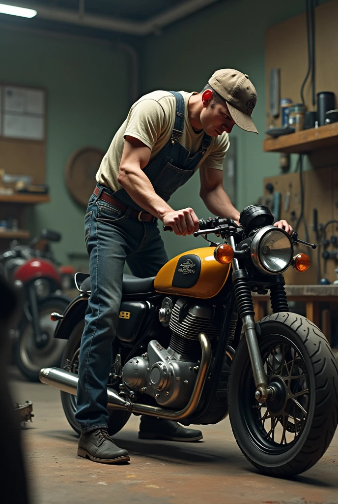 skinny man, Cap on head, he is in the workshop on his motorcycle