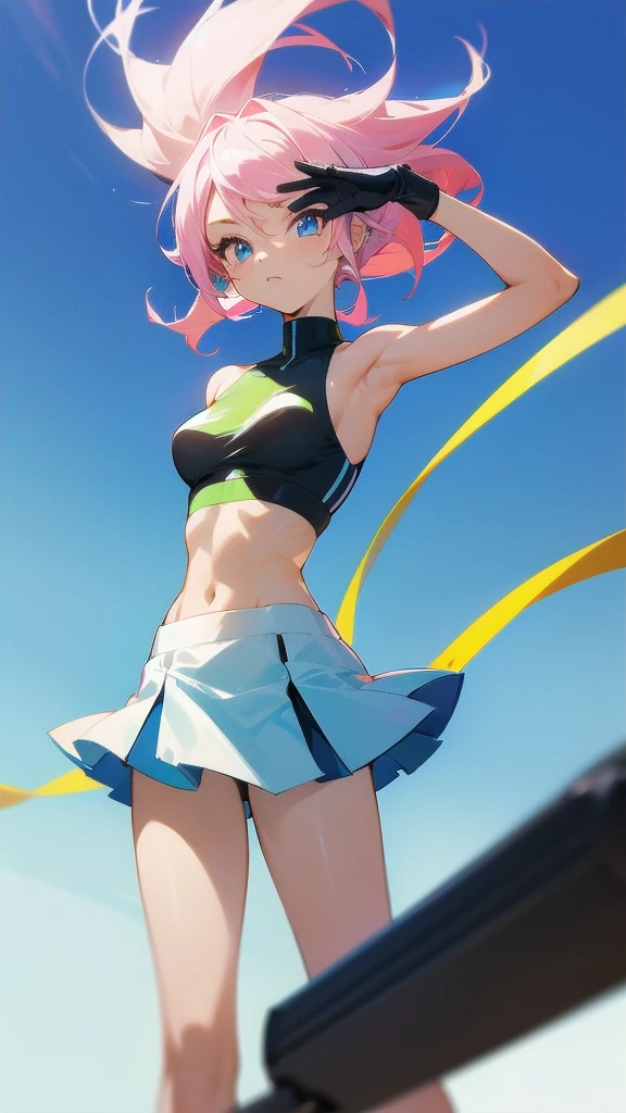 (Hyper Quality), [Standing, Upper Body, Close-up of Girl:0.4], Slim Body, Perfect Body, Mini Skirt, High Neck Sports Bra, Gradient Background, Anime Character, (Cute Girl:1.1), Posing, Hair fluttering in the wind