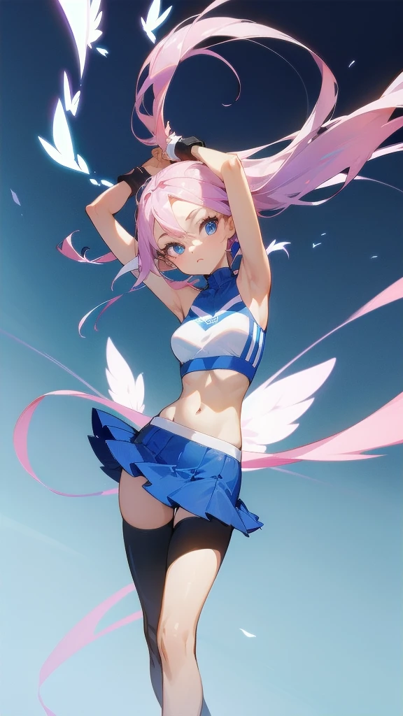 (Hyper Quality), [Standing, Upper Body, Close-up of Girl:0.4], Slim Body, Perfect Body, Mini Skirt, High Neck Sports Bra, Gradient Background, Anime Character, (Cute Girl:1.1), Posing, Hair fluttering in the wind