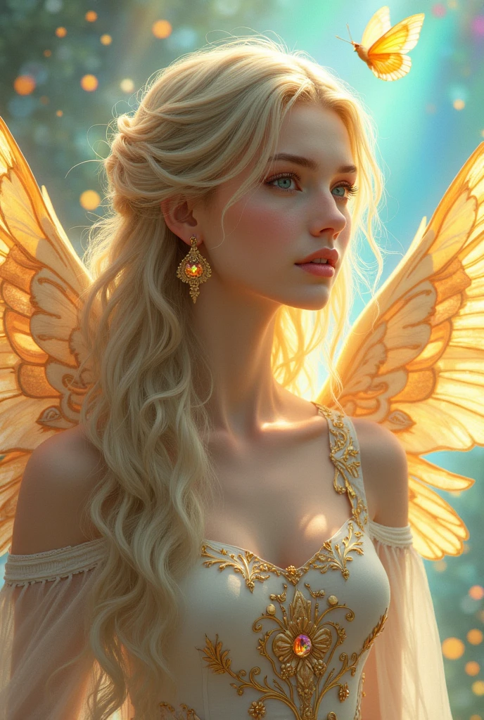 (((masterpiece))), (((best quality))), ((ultra-detailed)),(highly detailed CG illustration), ((an extremely delicate and beautiful)),cinematic light, Create a stunning fantasy artwork that mimics the style of currently trending masters of the genre. The art piece should contain elements of both mythic fantasy and fairytale fantasy with dreamy rainbow accents. ((Utilize the gold as the main color scheme.)) The character in the artwork is a delicate but strong figure with an aura of mystery and magic and (beautiful translucent golden wings). Pay close attention to intricate facial features, such as mesmerizing eyes with vibrant colors and bold shading. The character's clothing should be designed with gossamer feathers, silk, stunning embroidery, and subtle iridescent details. Incorporate (((translucent rainbows))), dreamy colors, dynamic lighting, and detailed background elements to create a sense of awe and immersion. Include colorful flying magical birds and jewel-toned rainbow butterflies radiating a magical aura. Consider the latest trends in fantasy art, such as incorporating unique lighting effects, exploring dynamic and compelling composition techniques, and experimenting with unique color palettes. Take inspiration from the top artists on ArtStation and Midjourney. Camera: Choose an angle that highlights the character's beauty and enhances the magical majesty of the artwork. Lighting: Utilize atmospheric lighting techniques to create depth and mood. Resolution: Aim for a high-resolution artwork to showcase intricate details and clarity. Art Inspirations: Seek inspiration from the trending artists on ArtStation, exploring different styles, genres, and themes.