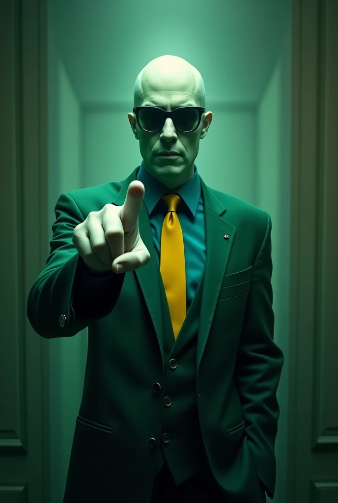 An invisible man, wearing a green suit, yellow tie and blue undershirt, with white gloves, as if he were looking at a camera and pointing at it with his index finger, wearing dark glasses