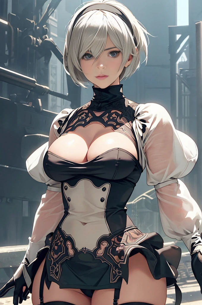 {(masterpiece,best quality, 16K portrait, UHD, extremely detailed the work, detailed beautiful face and eyes and skin and hair)}
BREAK {(ultra realistic photo graphic style)}
BREAK {solo,(2B of Nier-Automa:1.4), (lightbrown-lightwhite colored hair:1.4, short cut hair), (medium mouth),(narrow and sharp eyes),(attractive blue-glay eyes:1.4),(left-eye hidden by bangs:1.2),(slender body,small breasts):1.2,captivating lips}
BREAK {(Nier-Automata-2B costume:1.2),(cleavage between breasts:1.2),(hairband:1)}
BREAK {(cowboy-shot,seductive pose}