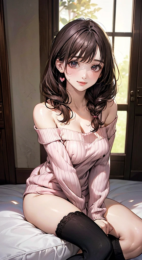 ((Night, Realistic Light, Best Quality, 8K, Masterpiece: 1.3)), 1girl, Slim Beauty: 1.4, Abs: 1.1, (Brown hair, Medium breasts: 1.3), Long pink sweater: 1.1, Bathroom, Super fine face, Delicate eyes, Double eyelids, smile, necklace