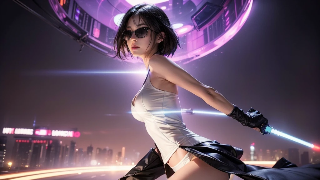 (Wide angle view). Blade Runner style futuristic city, simple outlined transparent neon tall buildings, glowing giant clock tower, flying cars, helicopter, lightning, 3D rendering Beeple. At night, (1girl, solo, alone), photorealistic, medium-breast slim:0.6 body, oval:0.6 face, cleavage:1.1, sexy black laced bra, glove, deep-V, (very low angle view of miniskirt), white laced panty, coat, (Matrix style black micro sunglasses), ((aiming viewer with a short gun)), (running pose), (half-body thigh level close-up shot), cinematic lighting, ray tracing.