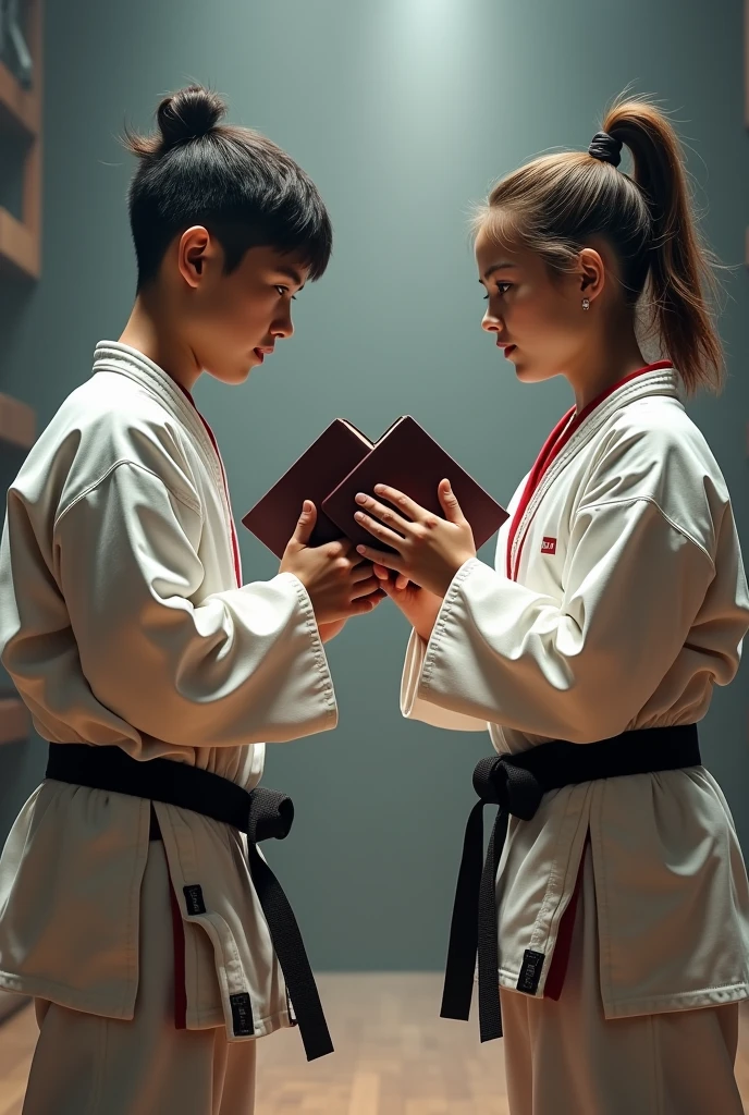 A young man and a young woman facing each other in a competition with a bible in each of their hands and dressed in a taekwondo uniform