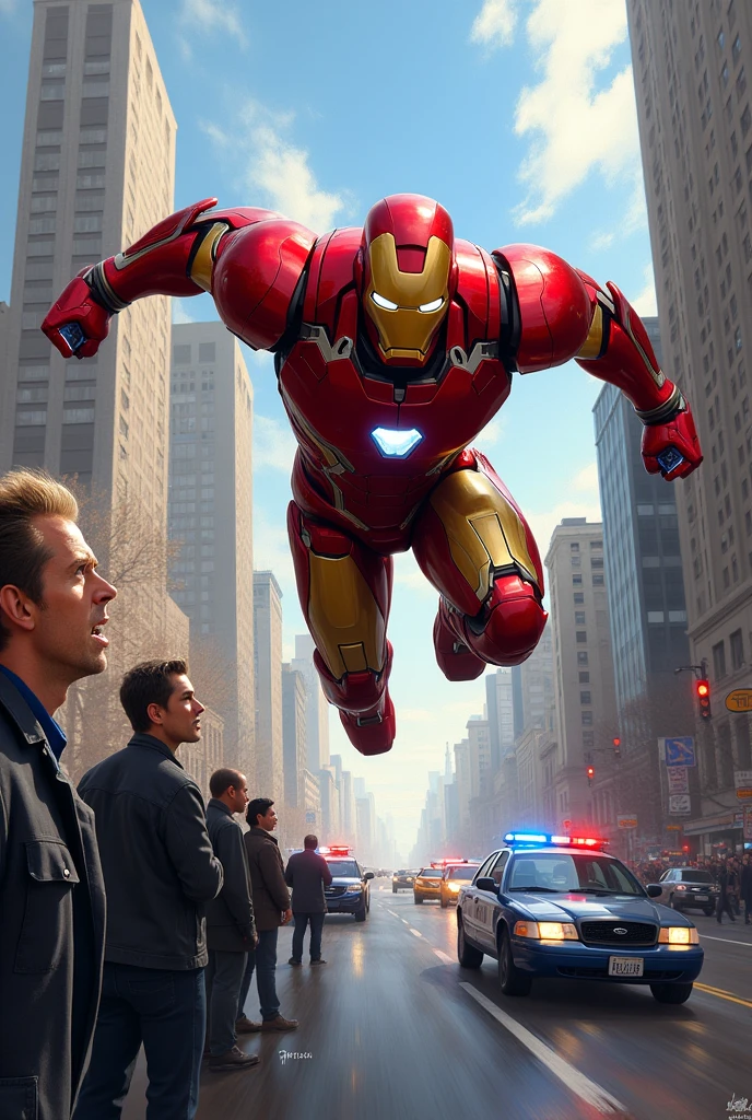 3D Oil Painting Anime Figure of Iron Man Escaping from Police and People Watching the Scene