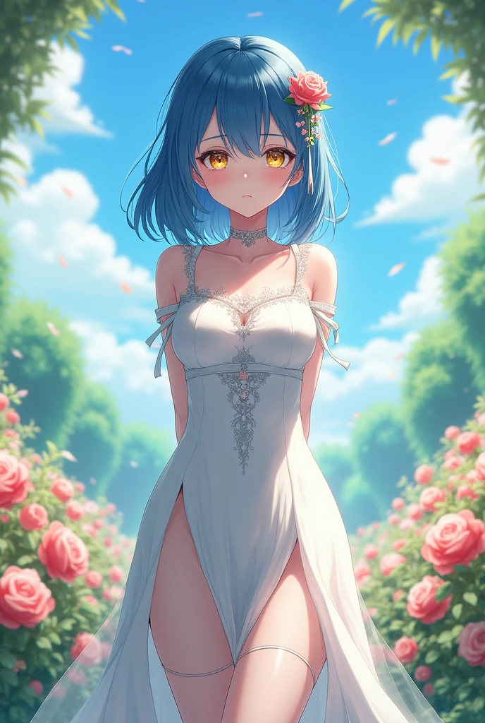 ((17year old))((beautiful face)), extremely delicate facial,(best quality),(extremely detailed cg 8k wallpaper), masterpiece, an extremely del-0000((big breasts)), 1girl, solo, long hair, looking at viewer, hair ornament, dress, holding, bare shoulders, closed mouth, blue hair, yellow eyes, braid, artist name, covered navel, Kujou Sara| genshin impact, master-piece, bestquality, 1girls,2, proportional body, proportional., thick wedding dress skirt, White Wedding Dress, Long skirt, Big skirt, mediuml breasts, ,bara, choker, Standing in the middle of a flower garden, outdoor, The sky is beautiful, In Japanese shrines, arm behind back, View viewers from the front., Thigh strap, Head tilt, bored, HD, A slight touch.,