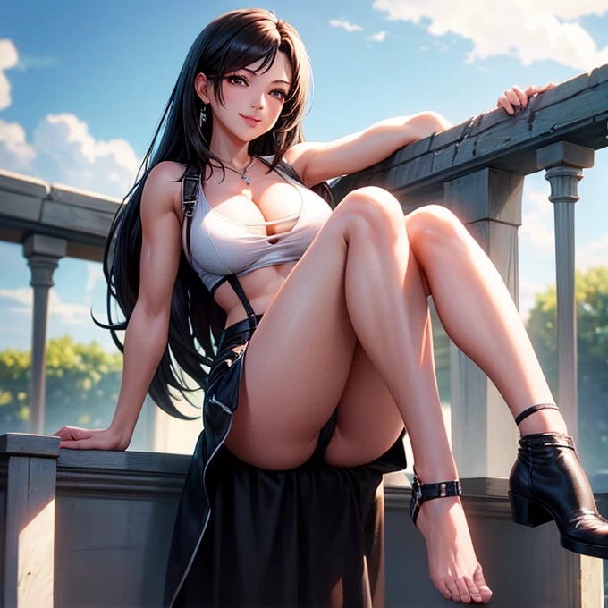 masterpiece, Superior Quality, Very detailed, 8k rendering by CG Unity, A woman looking straight at the observer, Summer Courses, Seductive and happy look, The center of Paris, smile, Long black hair and cowboy style.　Tifa Lockhart　With legs apart