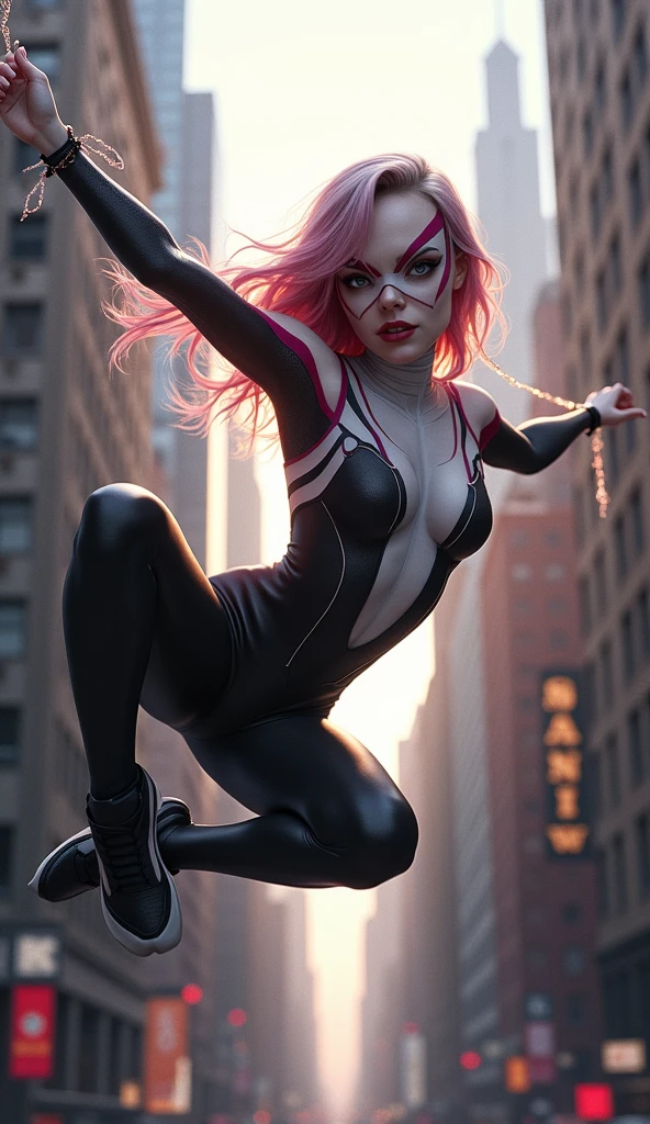 1 female, Spider-Gwen, web swinging on the buildings, dynamic pose, 4k quality, very detailed, bokeh