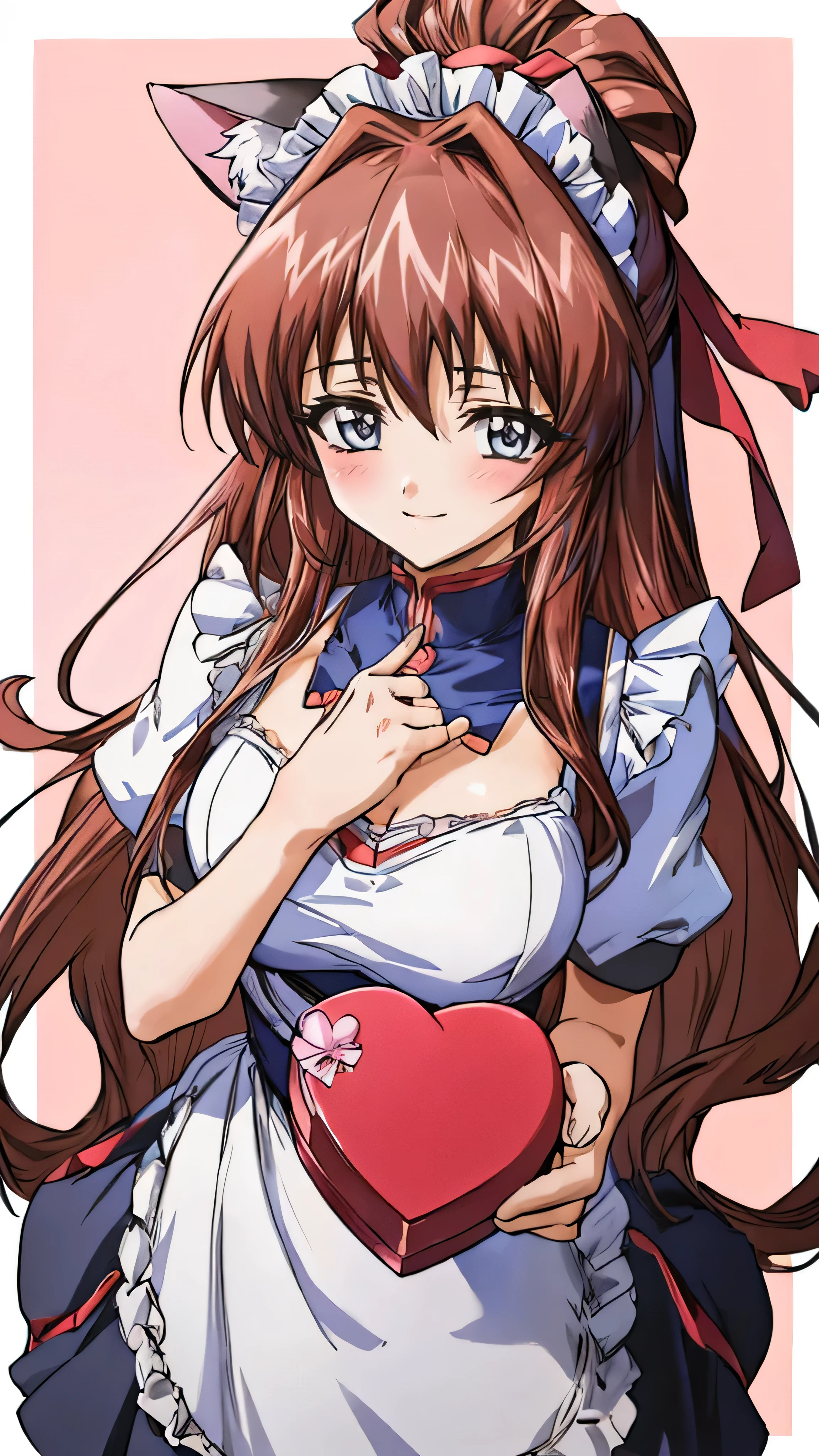 (Anime artwork, Anime Style, Studio Anime, Very detailed, up to date, Vibrant, Anime Coloring Book, High Contrast, masterpiece:1.2, Highest quality, Best aesthetics), (Beautiful and detailed:1.2), Aoikan, 1 person, blush, (maid headdress, cat ears, maid uniform),(Cute smile, mouth open, holding a red heart-shaped box in the middle of his chest, about to give it to him:1.2), Two Arms, (Accurate fingertips, Browse 4, Thumb 1),gravure.