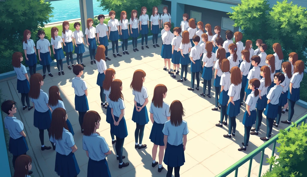 Students are standing in the morning assembly with blue pants and white shirt ariel view