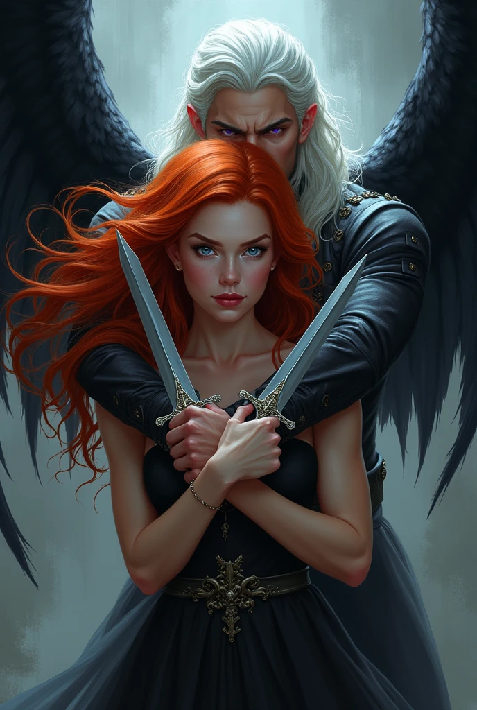 Create a beautiful red-haired woman with blue eyes who is holding daggers in both hands and behind her is a handsome prince of hell., attractive and imposing with black wings, long white hair and lilac eyes who is hugging her