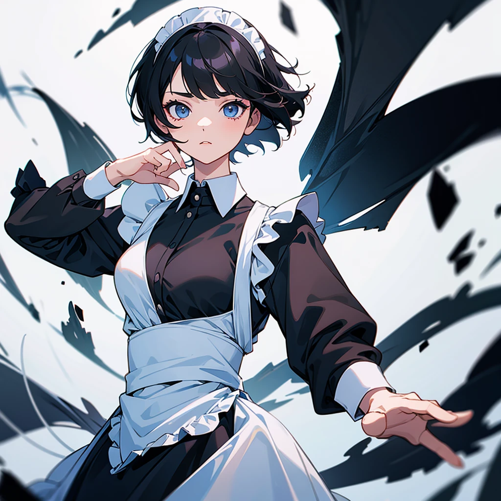 A girl with short black hair wearing a maid uniform on a white background