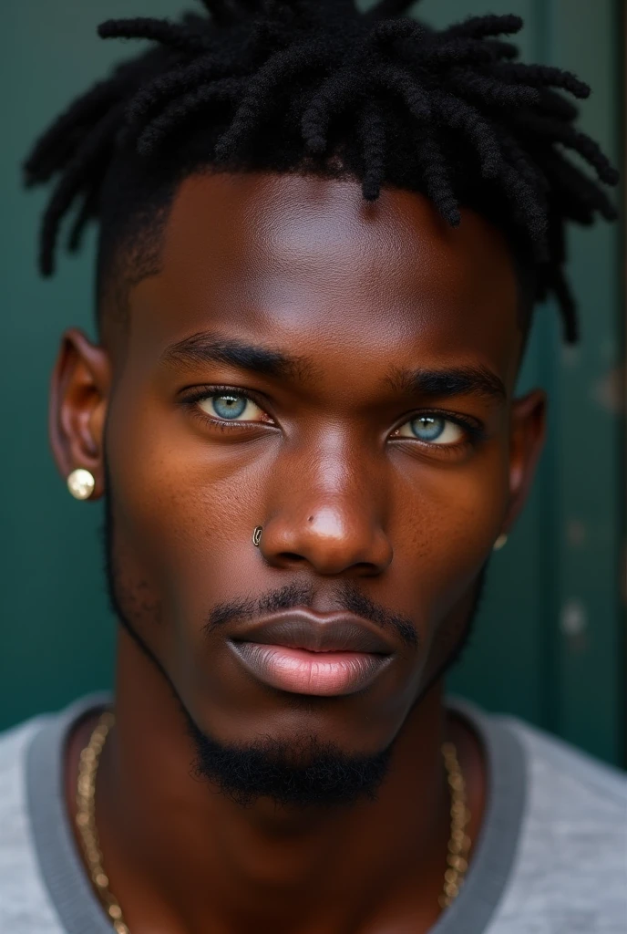 African man with skin color like Ronaldinho, approximately 1, blue colored eyes.
Usando piercing