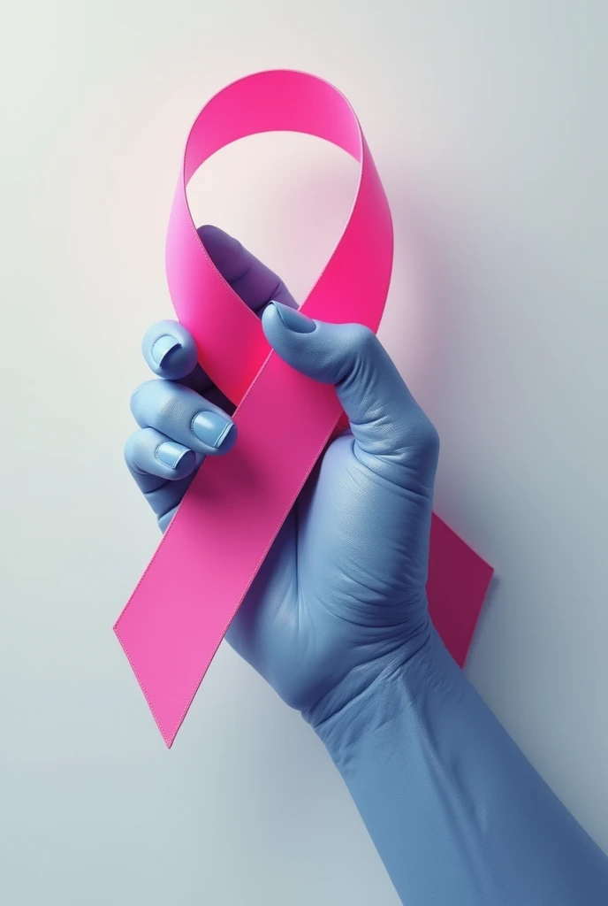 Build me a large realistic hand wrapped around a pink ribbon with light blue fading at the junction representing the breast cancer pink ribbon.