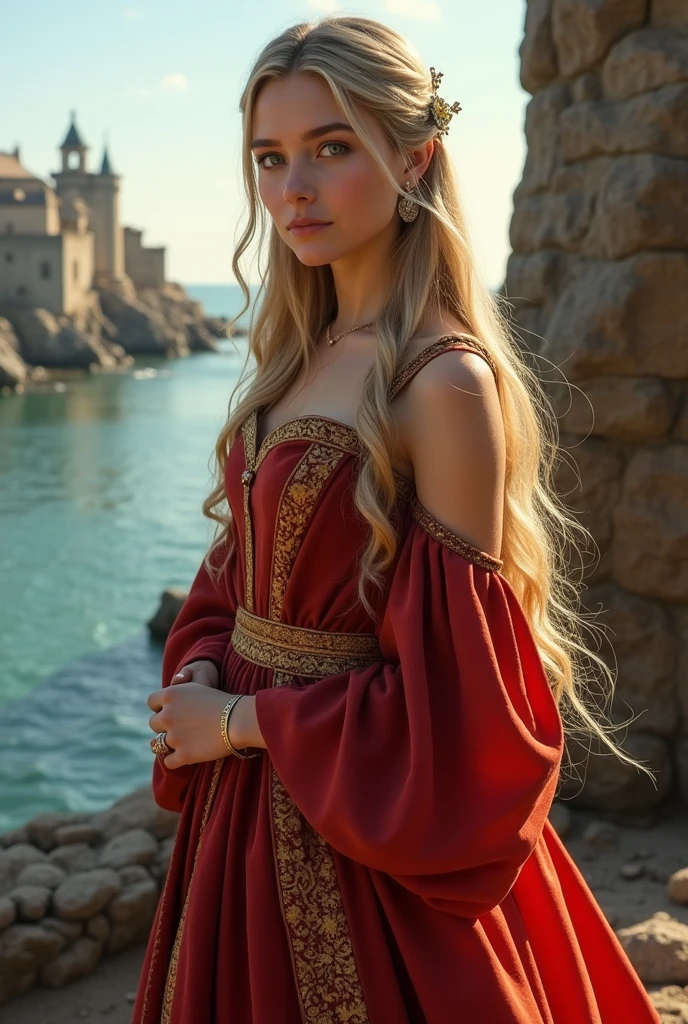make a girl, she has long blonde hair, green eyes, very pretty, she is wearing a long red dress with golden details from the medieval era.
It is in a medieval setting and in the background there is a maritime place