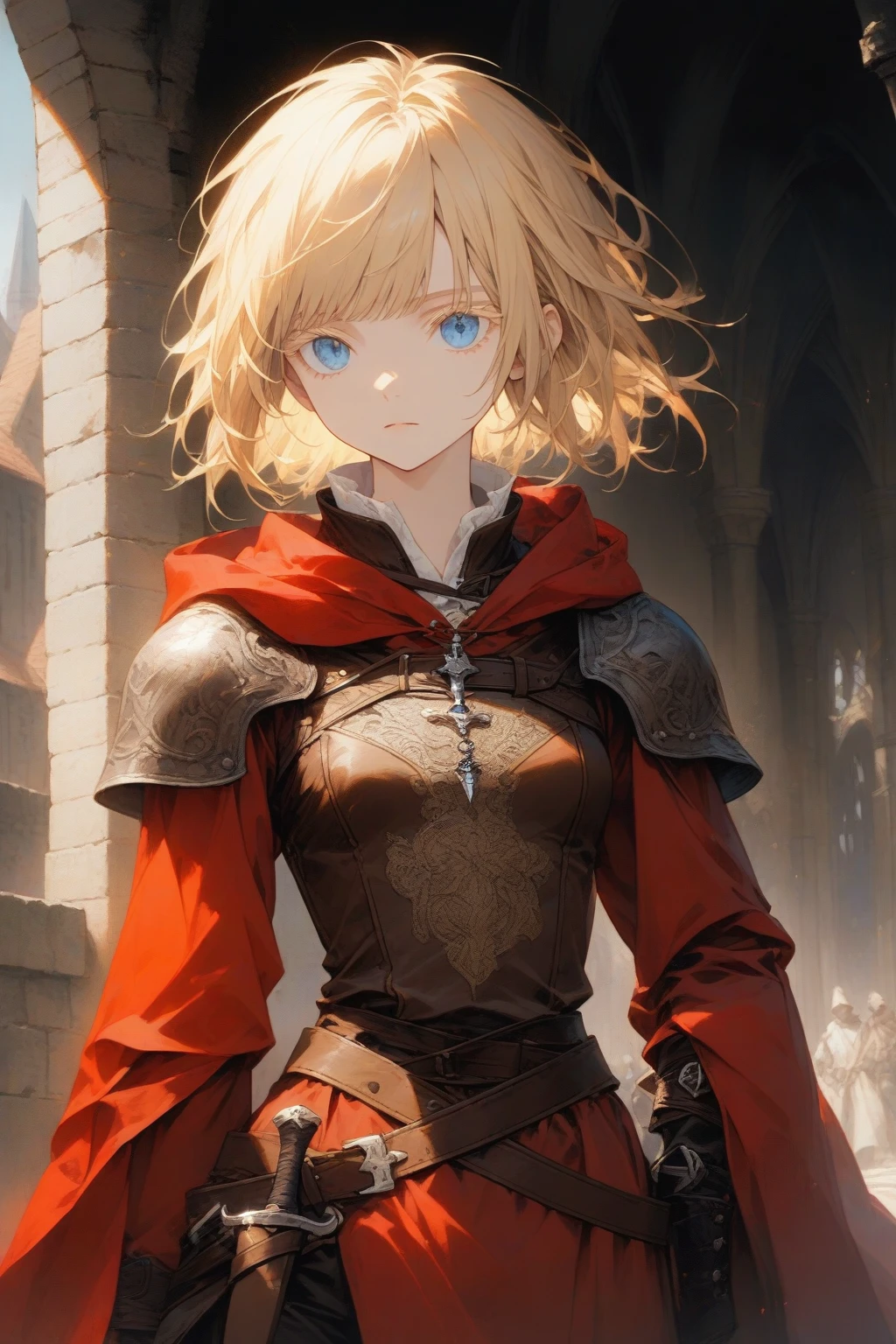 masterpiece, best quality, very aesthetic, absurdres,1girl,rating: general,(hyper detailed eyes),blonde hair,short hair,[disheveled hair],colored eyelashes,blonde eyelashes,blue eyes,(sharp eyes),(slanted eyes),choppy bangs,medium breasts,clear face,expressionless,(red hooded cloak),leather chest guard,leather greaves,leather boots,dagger on hip,medieval,