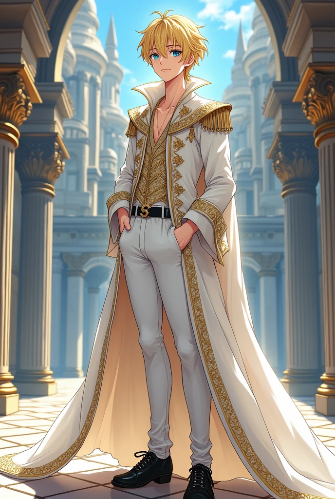 ((Fantasy Anime Style)) (( MAPPA Studio Art Style)) ,{{Special Facial Details}} ,Anime prince with golden hair,Sweet face, white skin, slim figure, Light blue eyes,Wearing a white royal style dress decorated with luxurious accessories. Long white pants,Put on black leather shoes, Stand with your hands in your pants pockets.The background is a large and beautiful castle,Hyper, complex, astonishing, precise, surprising, surprising, beautiful, sublime, exquisite {{{masterpiece}}} {{{best quality} }}, {{special details}}, {light, film} , {illustration}