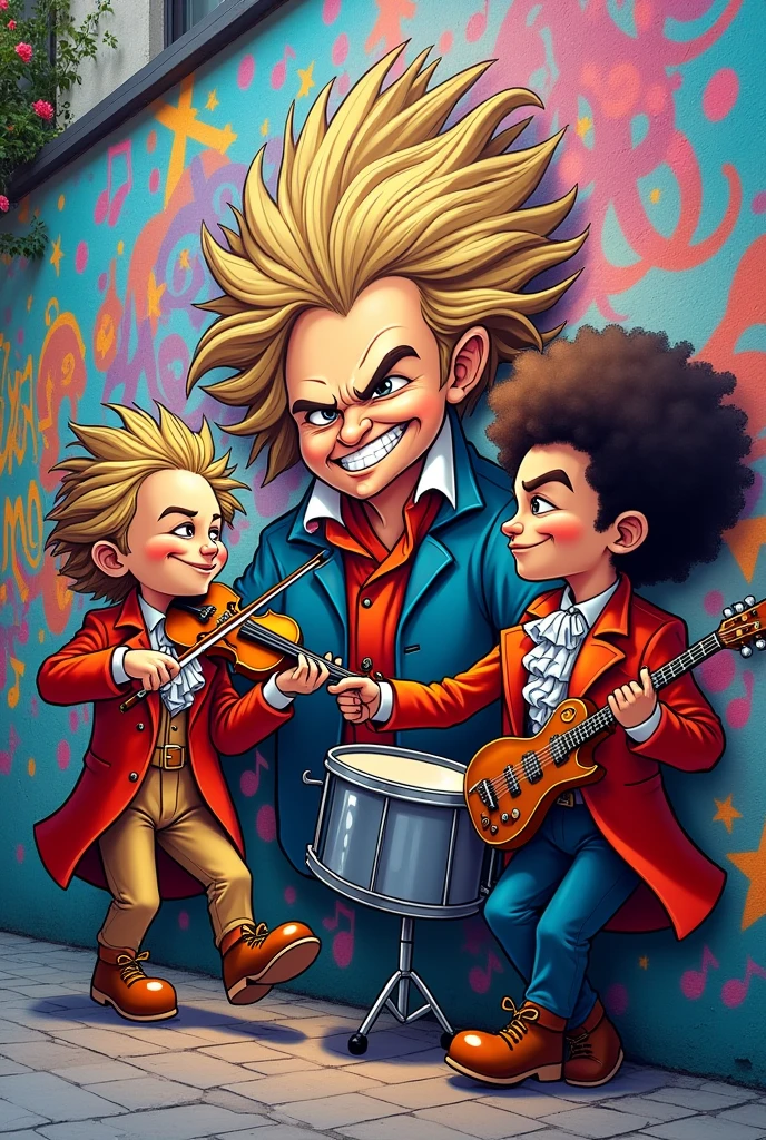 Create a cartoon graffiti mural with 3 characters from: beethoven,mozarth, bruno mars playing instruments happily
