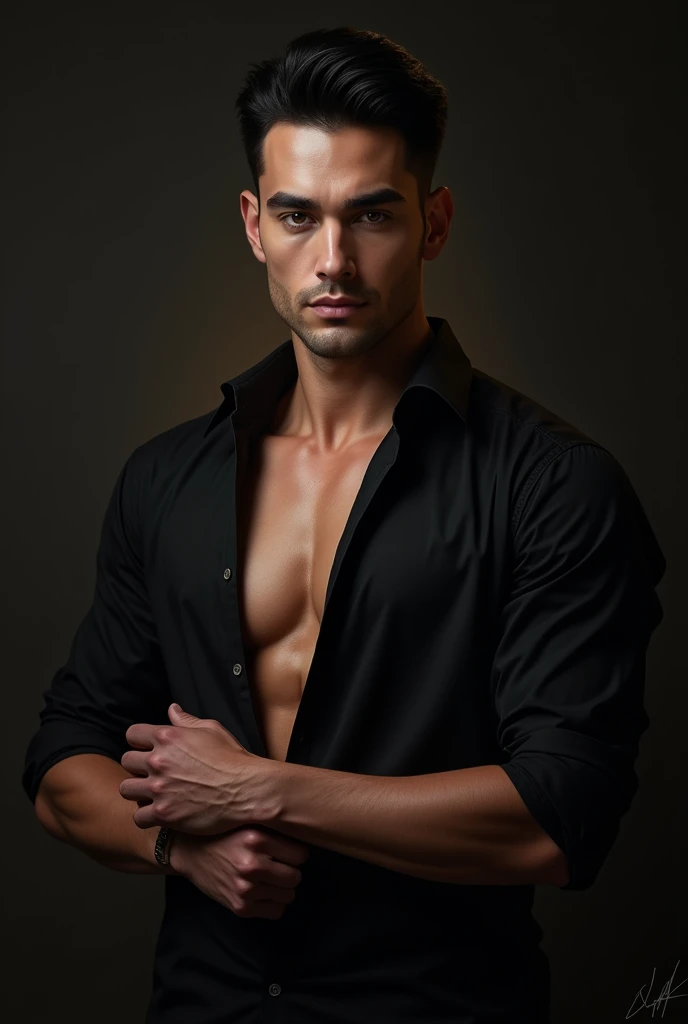A white handsome man, with toned body, his black shirt is unbuttoned at the top, his sleeves are folded at elbows. His eyebrows are thick, his hair is black as raven, he has a piercing yet hypnotizing look. He gives the vibe of a billionaire man with lust.