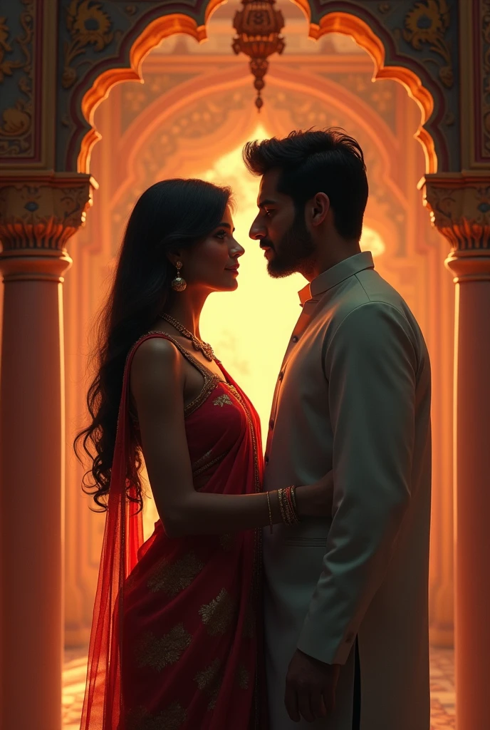 I need a Desi aesthetic photo without facial features, it's an image from backside and it should show how the girl is adoring the man and the man is unaware of it . It is set up in a Desi aesthetic set up like Indian or Pakistani.
