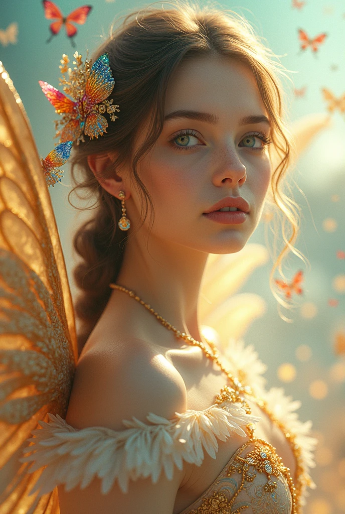 (((masterpiece))), (((best quality))), ((ultra-detailed)),(highly detailed CG illustration), ((an extremely delicate and beautiful)),cinematic light, Create a stunning fantasy artwork that mimics the style of currently trending masters of the genre. The art piece should contain elements of both mythic fantasy and fairytale fantasy with dreamy rainbow accents. ((Utilize the gold as the main color scheme.)) The character in the artwork is a delicate but strong figure with an aura of mystery and magic and (beautiful translucent golden wings). Pay close attention to intricate facial features, such as mesmerizing eyes with vibrant colors and bold shading. The character's clothing should be designed with gossamer feathers, silk, stunning embroidery, and subtle iridescent details. Incorporate (((translucent rainbows))), dreamy colors, dynamic lighting, and detailed background elements to create a sense of awe and immersion. Include colorful flying magical birds and jewel-toned rainbow butterflies radiating a magical aura. Consider the latest trends in fantasy art, such as incorporating unique lighting effects, exploring dynamic and compelling composition techniques, and experimenting with unique color palettes. Take inspiration from the top artists on ArtStation and Midjourney. Camera: Choose an angle that highlights the character's beauty and enhances the magical majesty of the artwork. Lighting: Utilize atmospheric lighting techniques to create depth and mood. Resolution: Aim for a high-resolution artwork to showcase intricate details and clarity. Art Inspirations: Seek inspiration from the trending artists on ArtStation, exploring different styles, genres, and themes.