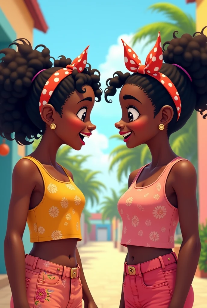 Two young Caribbean girls bicker before leaving on vacation. Humorous frame. colored, happy