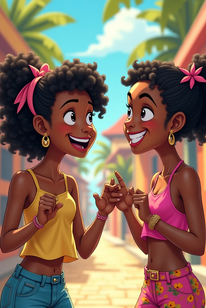 Two young Caribbean girls bicker before leaving on vacation.  Humorous frame. colored,  happy 