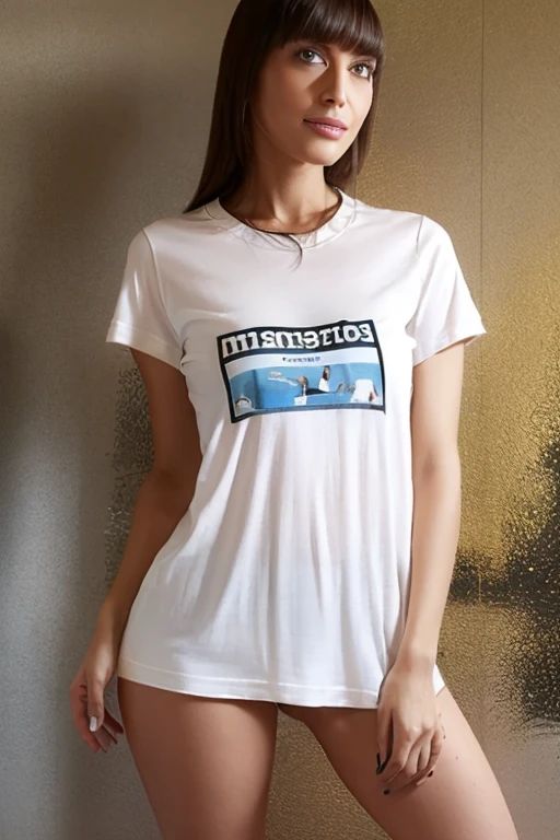 1girl, beautiful woman long white short sleeve t-shirt（Tuck the bottom hem into the bloomers） Old school black bloomers, skinny, perfect body, defined abs, gold hair, standing in a white wall photography studio,  ultra-detailed face, beautiful eyes, beautiful lips, double eyelids, shy smile, trimmed bangs, sun-kissed skin, hint of pubic hair, (best quality, 8k, masterpiece:1.3), frontal and full-body shot, pussy line, front facing, open legs