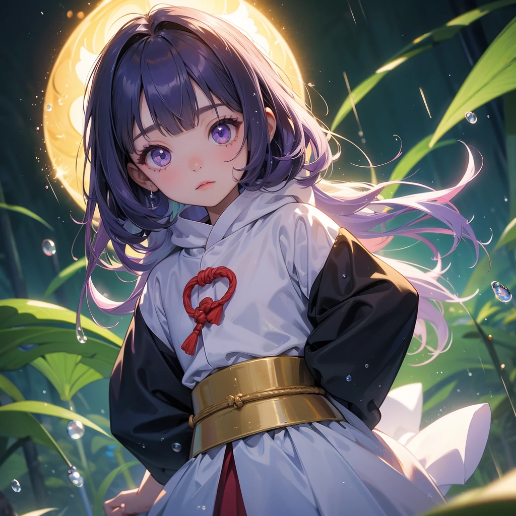 A chibi child girl had a small face and Wearing white little Taoist priest's outfit. A pair of big round eyes shone with curiosity about him. This child was so cute, Background is a dark moonless night, with dry trees in the background, and purple glowing light

The back is a lush green bamboo forest. The air after rain has water droplets splashing around.