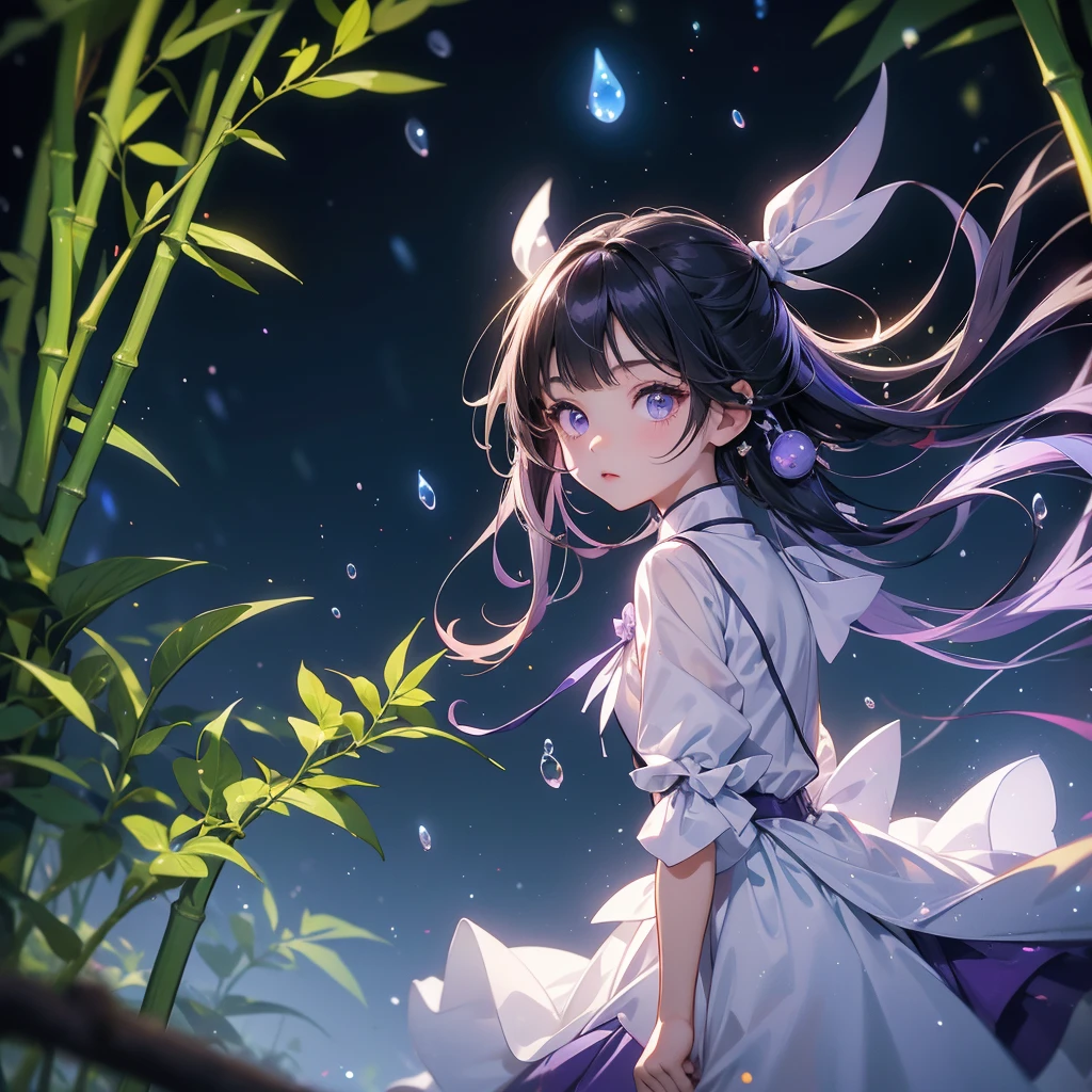 A chibi child girl had a small face and Wearing white little Taoist priest's outfit. A pair of big round eyes shone with curiosity about him. This child was so cute, Background is a dark moonless night, with dry trees in the background, and purple glowing light
The back is a lush green bamboo forest. The air after rain has water droplets splashing around.