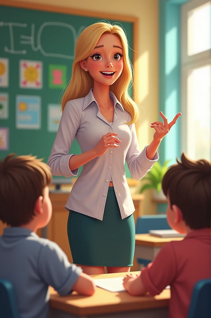  A female teacher with highlights in her blonde hair teaching at an elementary school 