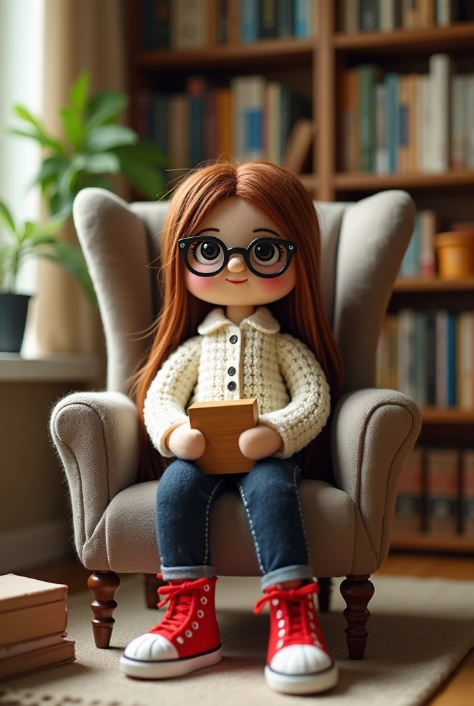 Create amigurumi style with a psychologist, white ,straight brown hair, camisa white se croche, dark jeans, red al star tennis shoes, sitting in a comfortable chair in the office, with block in hand, with glasses.