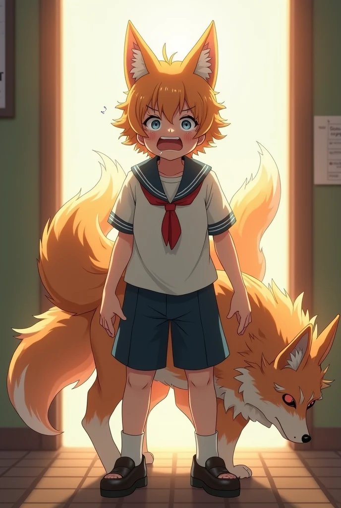 A boy's lower_body is becomed to a fox(Japanese anime style)(four legs)(multiple tails)(scared and crying)(student costume)(fox_taur)