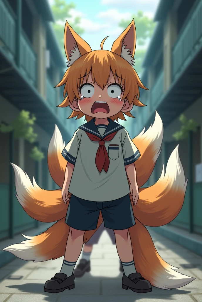 A boy's lower_body is becomed to a fox(Japanese anime style)(four legs)(multiple tails)(scared and crying)(student costume)(fox_taur)