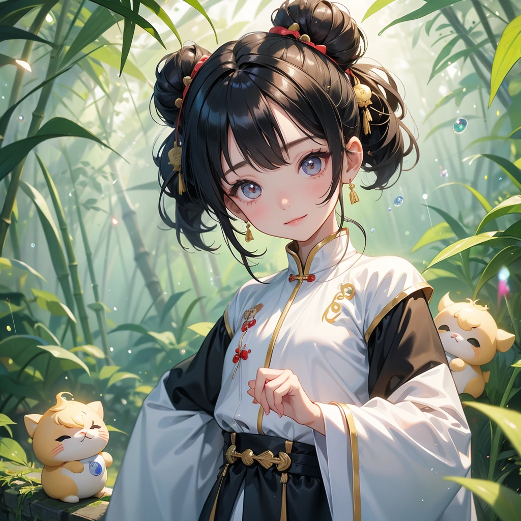 A chibi child girl had a small face and Wearing white little Taoist priest's outfit. A pair of big round eyes shone with curiosity about him. This child was so cute,her hair is black with two buns on her hair.small chibi, chibi baby, smiling ,Chibi.

The back is a lush green bamboo forest. The air after rain has water droplets splashing around.

