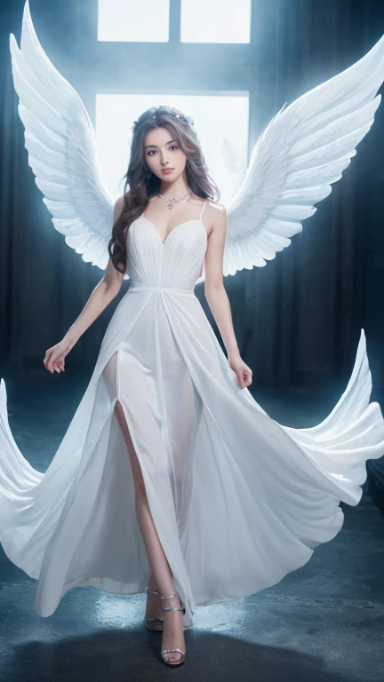 ((Highest quality, 8k, masterpiece: 1.3)), One person, Slender beauty angel: 1.3, (Long Hair: 1.2), Thin dress, Big Wings: 1.1, Angel Halo, whole body