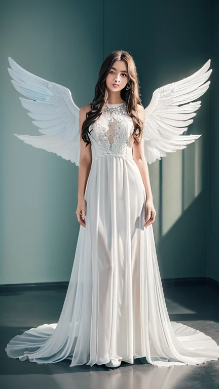((Highest quality, 8k, masterpiece: 1.3)), One person, Slender beauty angel: 1.3, (Long Hair: 1.2), Thin dress, Big Wings: 1.1, Angel Halo, whole body